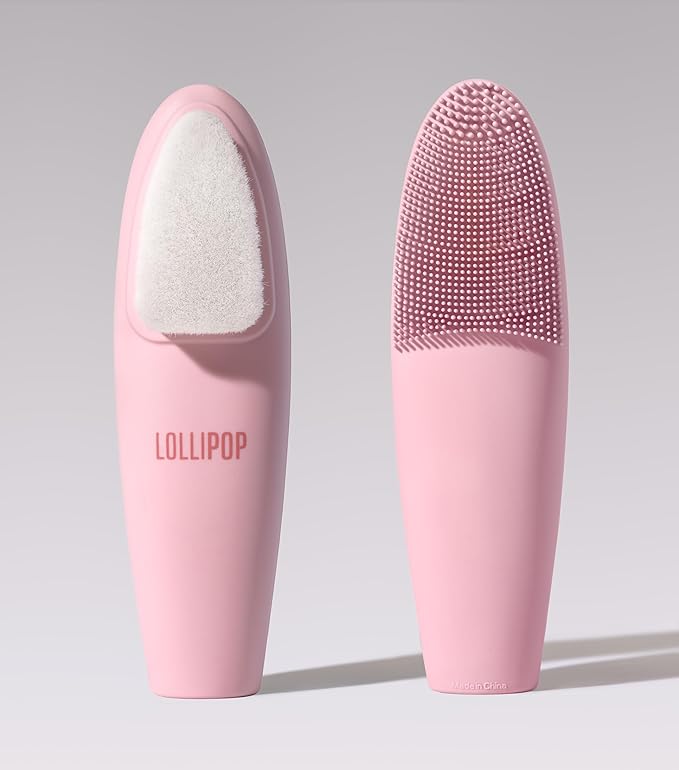 LOLLIPOP Dual-Sided Facial Cleansing Brush | Handle Size Silicone Face Exfoliator and Soft Fiber Cleanser | Manual Face Scrubber for Pores, Makeup Removal, Blackhead and Skincare Routine, Bubblegum-BrightBean Baby