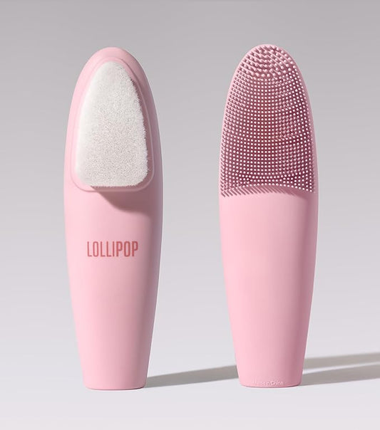 LOLLIPOP Dual-Sided Facial Cleansing Brush | Handle Size Silicone Face Exfoliator and Soft Fiber Cleanser | Manual Face Scrubber for Pores, Makeup Removal, Blackhead and Skincare Routine, Bubblegum-BrightBean Baby