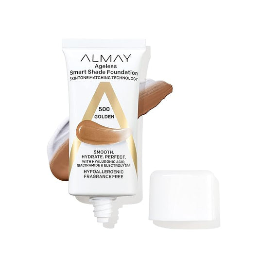 Almay Anti-Aging Foundation, Smart Shade Face Makeup with Hyaluronic Acid, Niacinamide, Vitamin C & E, Hypoallergenic-Fragrance Free, 500 Golden, 1 Fl Oz (Pack of 1)-BrightBean Baby