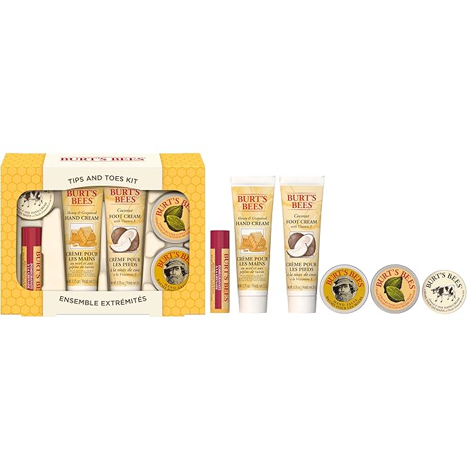 Burt's Bees Back to School Gifts Ideas, 6 Body Care College Dorm Products, Tips and Toes Set - Pomegranate Moisturizing Lip Balm, 2 Hand Creams, Foot Cream, Cuticle Cream & Hand Salve-BrightBean Baby
