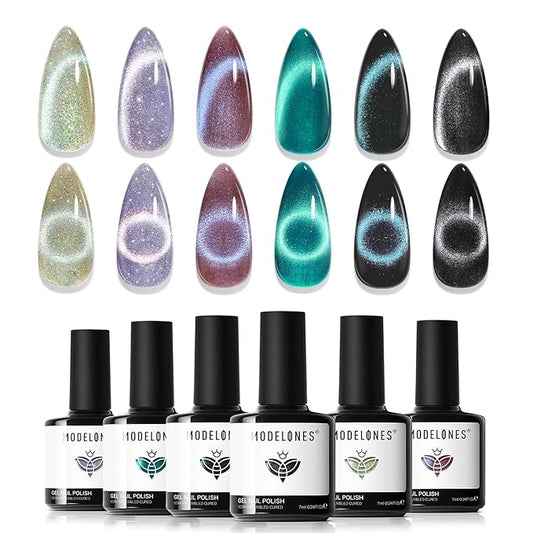 modelones Cat Eye Gel Nail Polish Set, 6 Colors Holographic 9D Glassy Cat Eye Glitter Gel Polish Set Black Blue Purple Green Nail Polish Kit with Magnet Soak Off LED Nail Art DIY Salon Gift-BrightBean Baby
