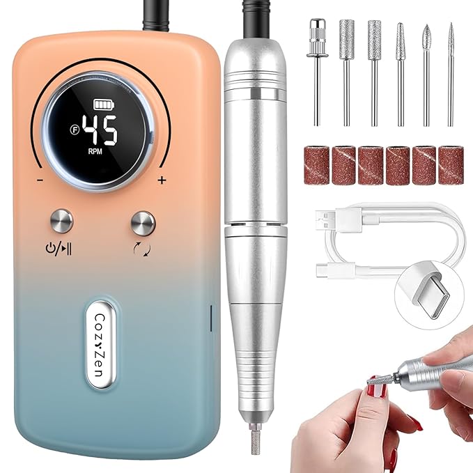 CozyZen Cordless Nail Drill Professional: 45000 RPM Rechargeable Electric Nail File Kit, Portable & Low Noise for Acrylic, Gel Nails, Manicure & Pedicure - Salon & Home Use-BrightBean Baby