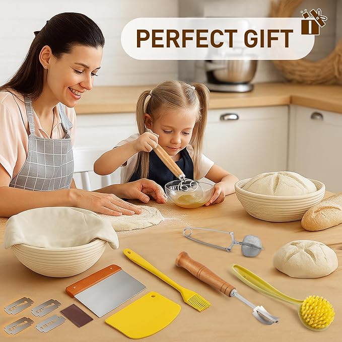 Banneton Bread Proofing Basket, Sourdough Starter Kit, 9" Round Sourdough Bread Baking Supplies with Dough Whisk, Bread Lame, Brush, Scrapers, Flour Duster & Stencils, Bread Making Tools Gift Set