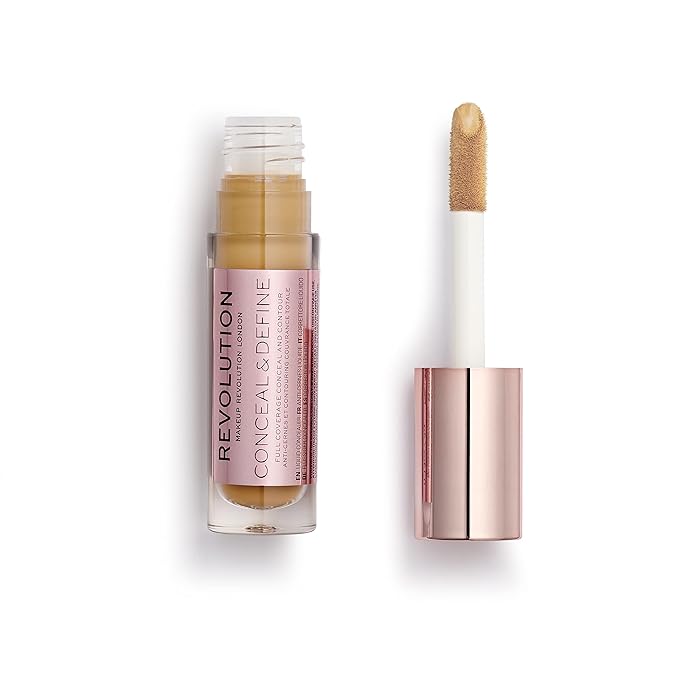 Makeup Revolution Conceal and Define Concealer, Full Coverage & Matte Finish, C12.2 for Medium/Tan Skin Tones, Vegan & Cruelty-Free, 0.7 Fl Oz-BrightBean Baby