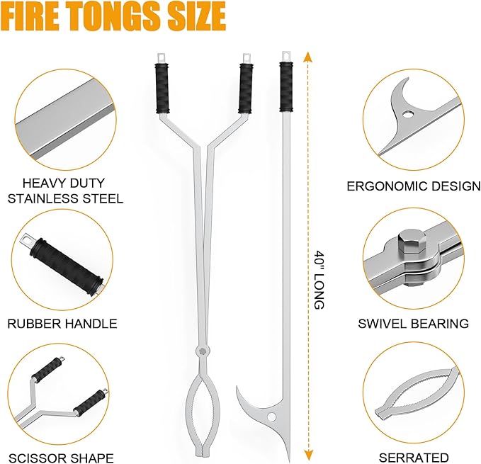 KEESHA 40" Fire Tongs Fire Pit Tongs Set, 40" Fire Poker Set Stainless Steel Log Grabbers Fire Pit Tools Fireplace Tongs for Outdoor Indoor Campfire Picnic Backyard Accessories