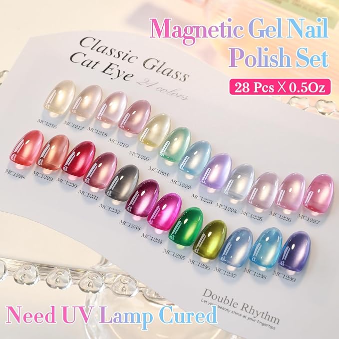 Double Rhythm 28Pcs 0.5Oz Glass Cat Eye Gel Nail Polish Set Same Color Same Bottle Soak Off Magnetic Jelly Gel Polish Kit Nail Art Manicure Salon DIY at Home (Nude Pink Blue Green-T24-10)-BrightBean Baby