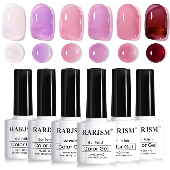 RARJSM Purple Pink Jelly Gel Nail Polish Set 6pcs Clear Crystal Glass Grape Purple Rose Pink Series Transparent Sheer Amber Milky Gel Varnish LED UV Curing Requires Soak off French Manicure Home Salon-BrightBean Baby