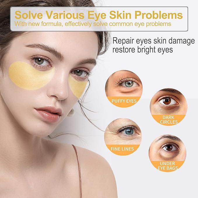 24k Gold Under Eye Patches, Eye Masks for Puffy Eyes 60 pcs, for Dark Circles and Puffiness, Hydrating Eye Mask Skincare, Eye Gel Pads for Eye Bags and Wrinkles Under Eye Treatment-BrightBean Baby