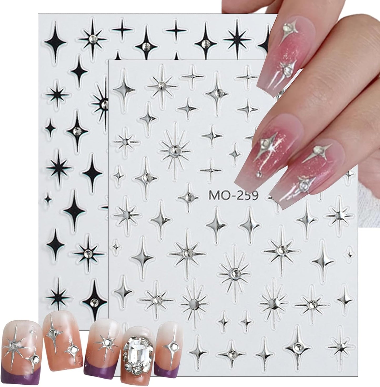 6Sheets Rhinestones Star Nail Art Stickers,3D Self-Adhesive Glitter Gold Silver White Black Stars Nail Art Design Decals Star Stickers for Acrylic Nails Art for Women Girls DIY Manicure Decorations-BrightBean Baby