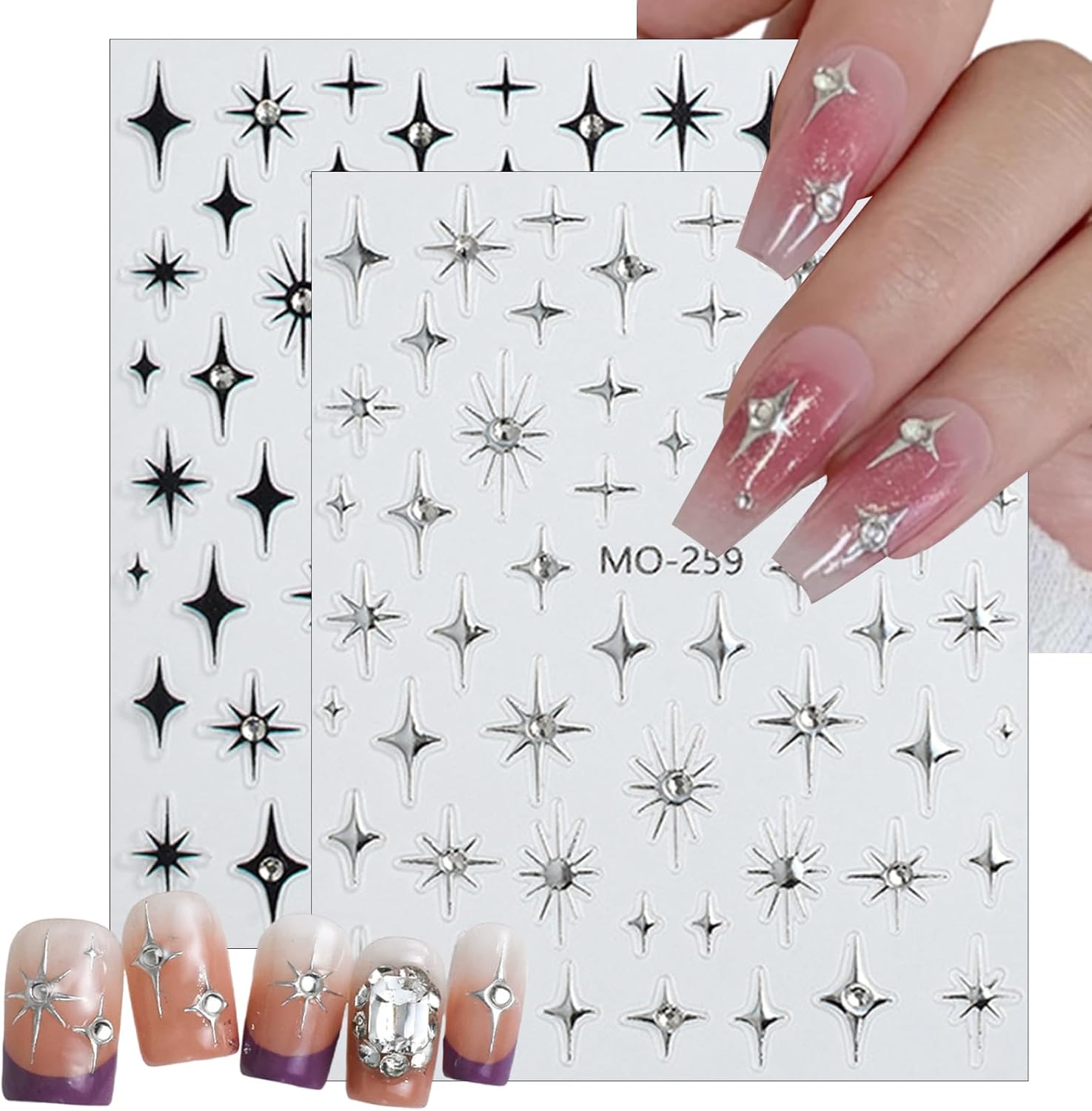 6Sheets Rhinestones Star Nail Art Stickers,3D Self-Adhesive Glitter Gold Silver White Black Stars Nail Art Design Decals Star Stickers for Acrylic Nails Art for Women Girls DIY Manicure Decorations-BrightBean Baby