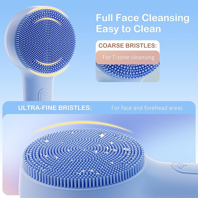 Facial Cleansing Brush Silicone Face Scrubber Waterproof Rechargeable Exfoliator Massage Device for Men & Women, Deep Pore Cleansing, Exfoliating, Removing Blackhead Electric Face Scrub Brush (Blue)-BrightBean Baby