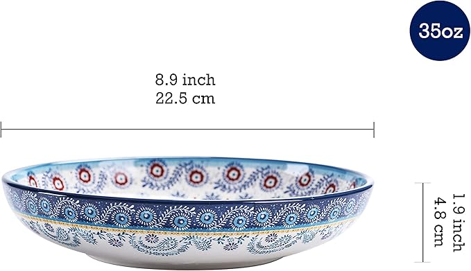 Bico Blue Talavera Pasta Bowls, 35oz Salad Bowl Set of 4, Large Ceramic Serving Dinner Bowls for Soup and Cereal, Microwave and Dishwasher Safe, Gift for Housewarming and Thanksgiving