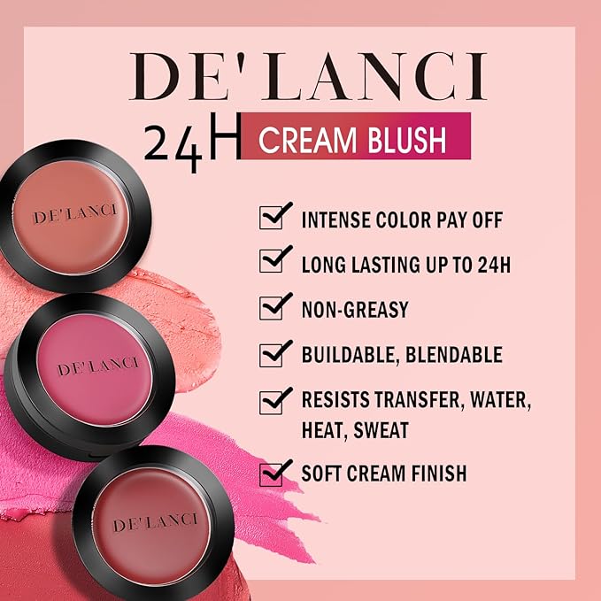 DE'LANCI Hydrating Cream Blush for Cheeks & Lips & Eyeshadow, Creamy & Long-lasting Waterproof Blush Balm, Lightweight Matte Blush for natural look, Travel Size, Highly Pigmented, Built-in Brush, Wine-BrightBean Baby