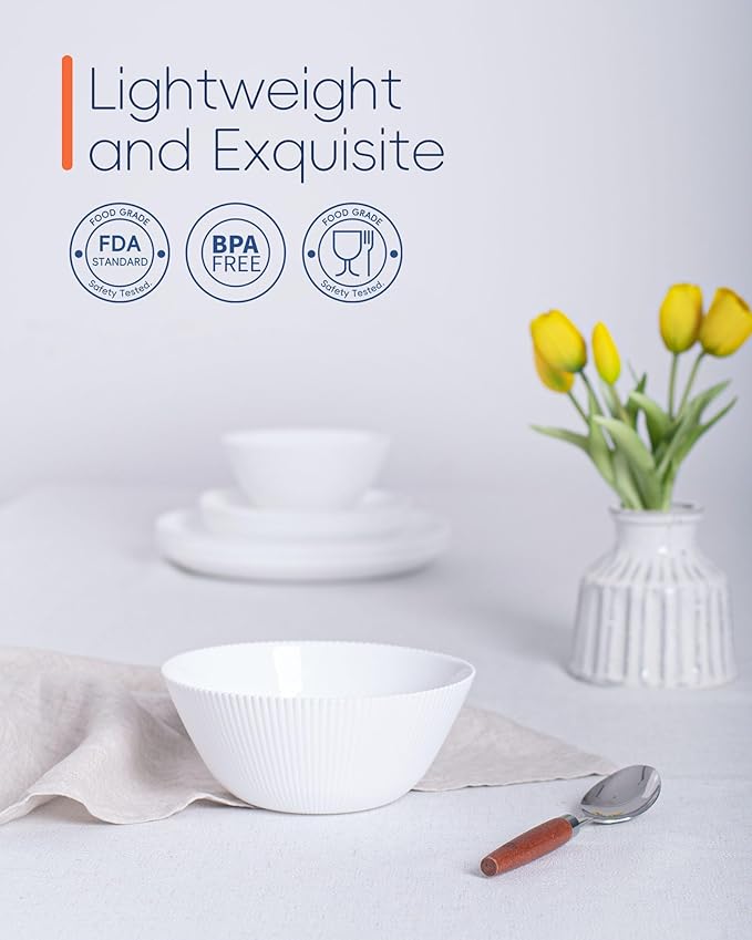 30 OZ Max Cereal Soup Bowl Set of 6, Opal Glass 7.2 inch White Ribbed Bowls for Ramen, Noodle, Salad, Fruit, Dishwasher and Microwave Safe