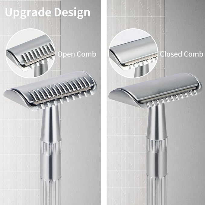 Matte Silver Double Edge Safety Razor, Single Blade Razors for Men and Women, with 10 Stainless Steel Safety Razor Blades, Reusable, Smooth and Close Wet Shaving Kit, Plastic Free-BrightBean Baby