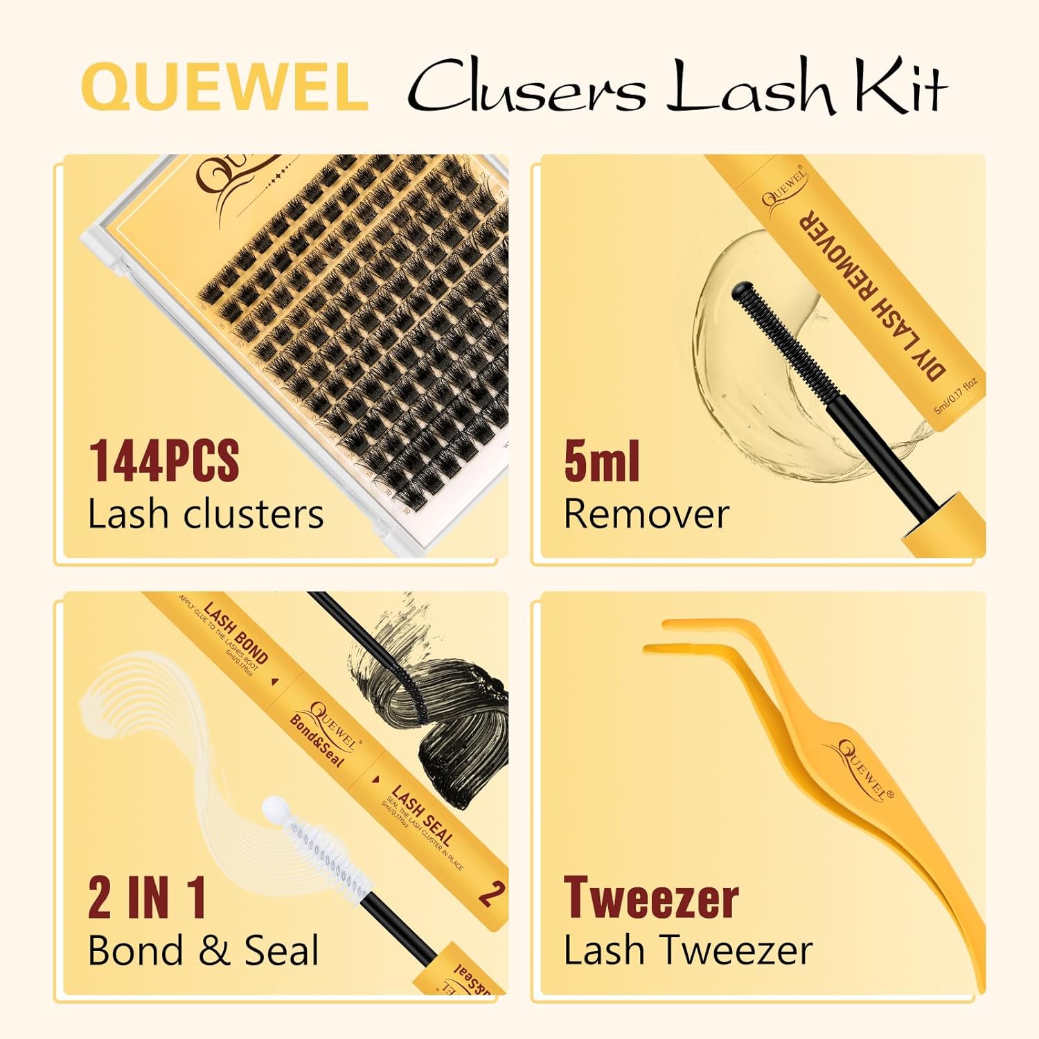 QUEWEL Lash Clusters Kit, Lashes Clusters Bond and Seal Waterproof, Eyelash Clusters Applicator Tool with Cluster Lashes Glue Remover for Natural Look DIY At Home(ZS-H01-kit)-BrightBean Baby