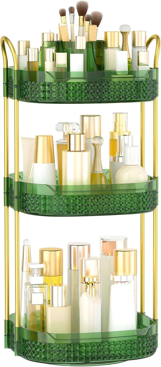 Rotating Makeup Organizer for Vanity 3 Tier, Perfume Organizer with Makeup Brush Holder, Large Capacity Cosmetics Clear Skincare Organizer for Countertop (Green)-BrightBean Baby
