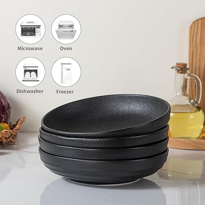 HAPPY KIT 9'' Large Pasta Bowls Stoneware Reactive Glaze, 42 Oz Large Salad Bowls Set of 4, Serving Bowls, Microwave Dishwasher Safe, Matte Black