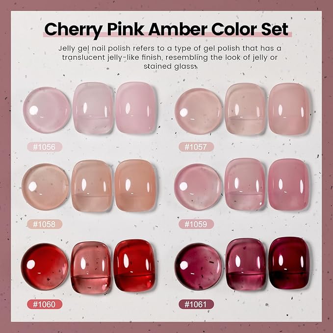 RARJSM Nude Jelly Gel Nail Polish Set 6pcs Clear Crytal Glass Pale Gray Pink Cherry Red Series Transparent Sheer Amber Milky Gel Varnish LED UV Curing Requires Soak off French Manicure Home Salon-BrightBean Baby