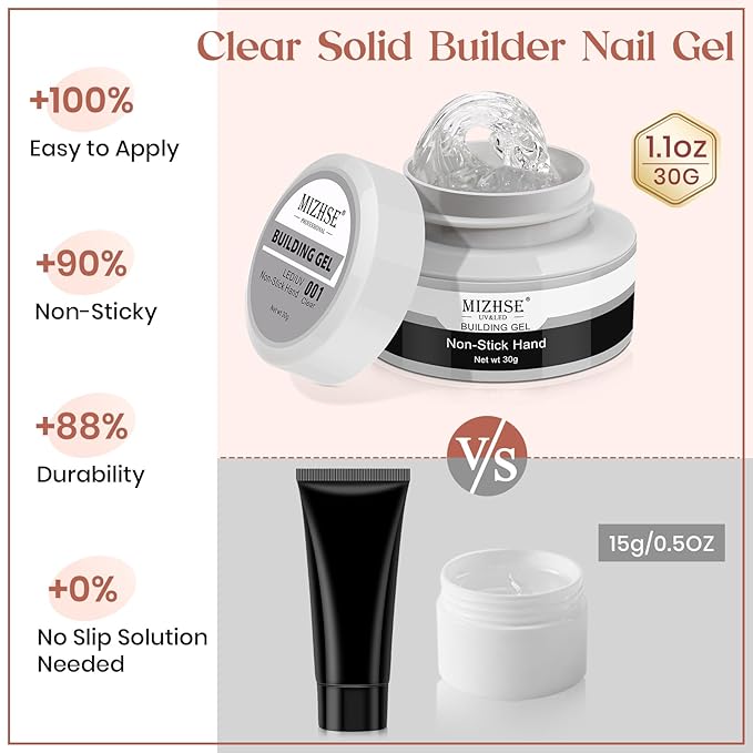 MIZHSE Clear Solid Builder Gel For Nails, 30g Non-Sticky Nail Extension Hard Builder Gel, Nail Strengthen 3D Sculpting Nail Art for Carving Modeling Soak Off Manicure Home-BrightBean Baby