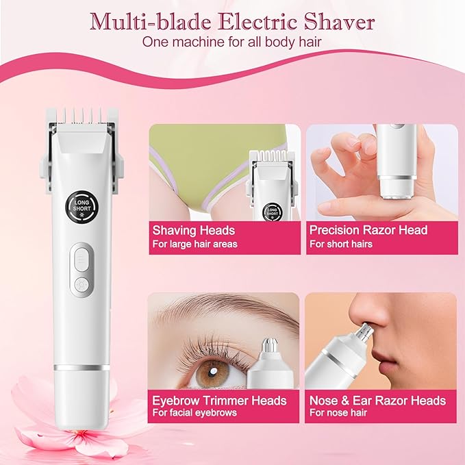 Upgrade Dermave Bikini Shaver, Dual Head 4 in 1 Bikini Trimmer for Women, IPX7 Waterproof Wet & Dry Use Electric Razor with Led Light and Display for Nose, Eyebrow, Bikini, Body (White)-BrightBean Baby