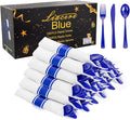 Liacere 100Pack Pre Rolled Blue Silverware and Napkin - Disposable Blue Plastic Utensils-Wrapped Plastic Cutlery Set with Napkin:100 Forks,100 Knives,100 Spoons,100 Napkins for Wedding&New Year
