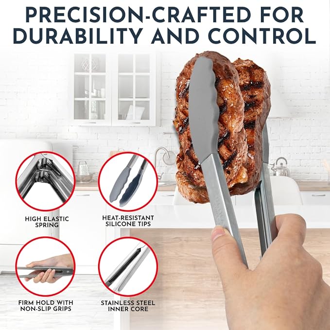 Kitchen Tongs for Cooking with Silicone Tips, Heat Resistant Tongs for Serving Food, 7-Inch, 9-Inch, 12-Inch Locking Silicone Tong, Set of 3 Salad Tong, Grey Kitchen Utensils