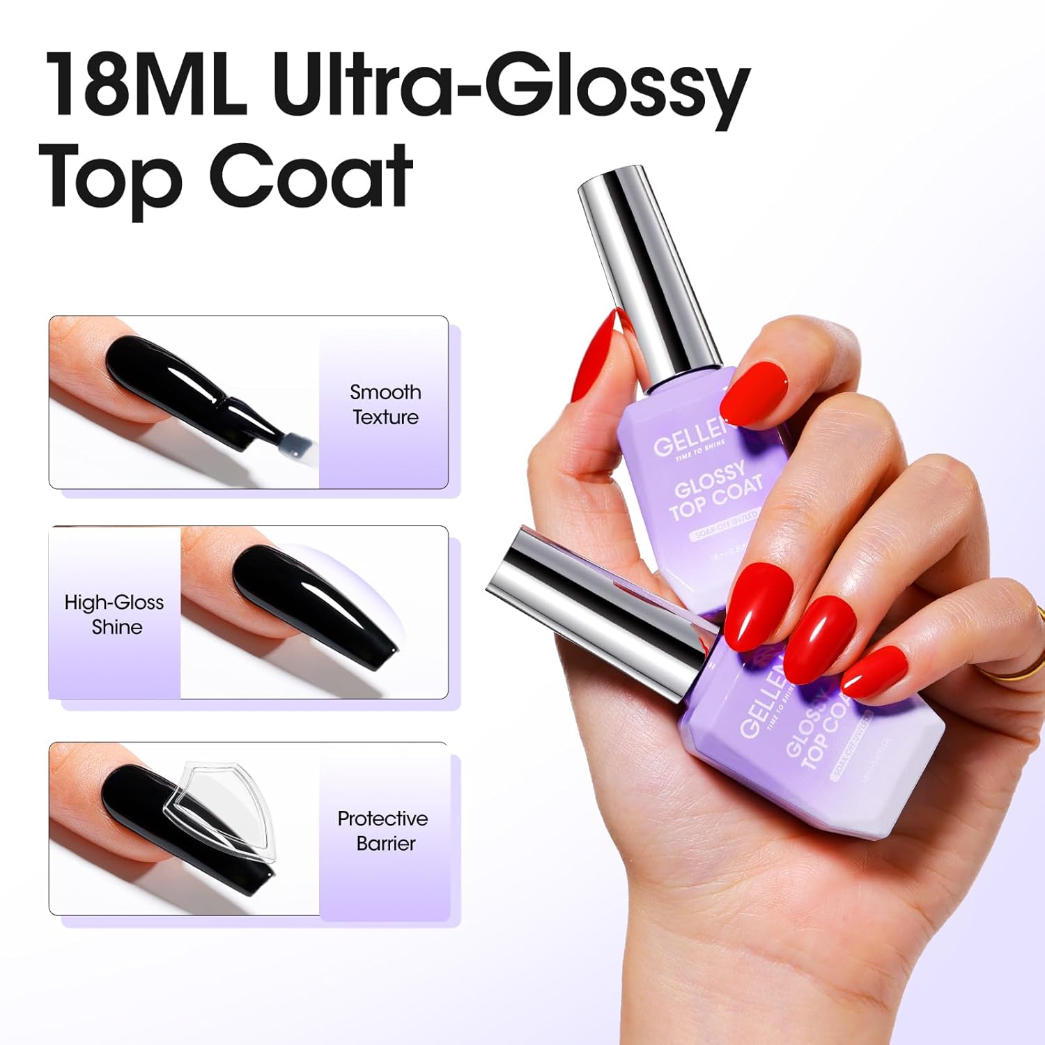 GELLEN 2 Pcs No Wipe Gel Top Coat Set, 18 ml Glossy Top Coat Gel Nail Polish, High Shiny Soak Off UV Lamp Clear Nail Polish, Home Salon Manicure Set-BrightBean Baby