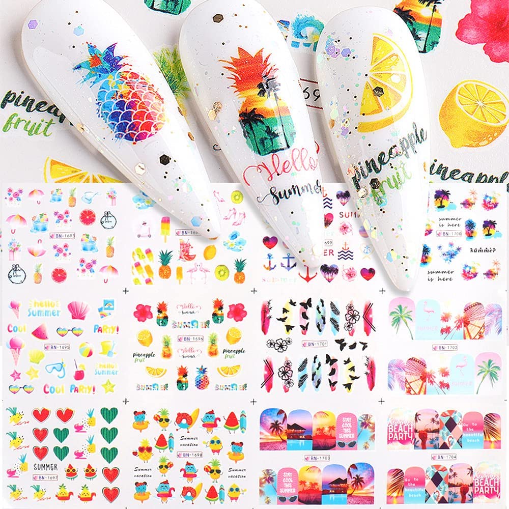 Summer Nail Art Stickers Decals, 12 Sheets of Fruit Hawaii Design Water Transfer Nail Slider Tattoos Holographic Colorful Pineapple Watermelon Pattern Acrylic Nail Art for Summer DIY Nail Decoration-BrightBean Baby