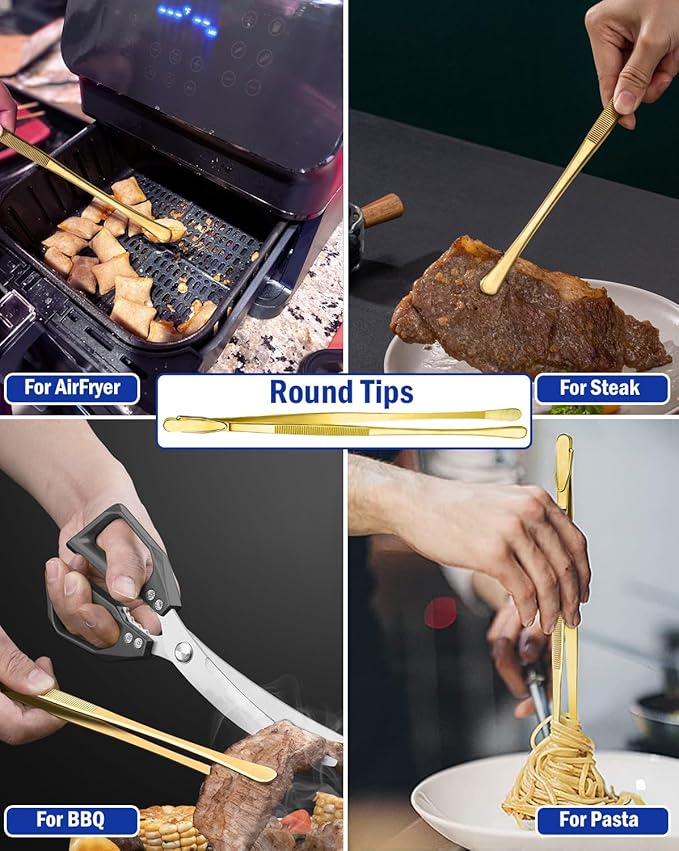 JETKONG 4 Pcs Kitchen Tweezers, 12'' and 10'' Stainless Steel Cooking Tweezers Set, High-Precision Tweezers Tongs for Cooking, Repairing, Seafood and BBQ (Gold)