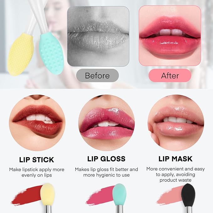 Unaone Lip Scrub Brush - 3 PCS Dual-ended Lip Scrubber Exfoliator and Silicone Lip Brush, 2-in-1 Silicone Lip Scrub Tool Lip Mask Applicator, Gentle Exfoliator & Applicator for Soft-BrightBean Baby