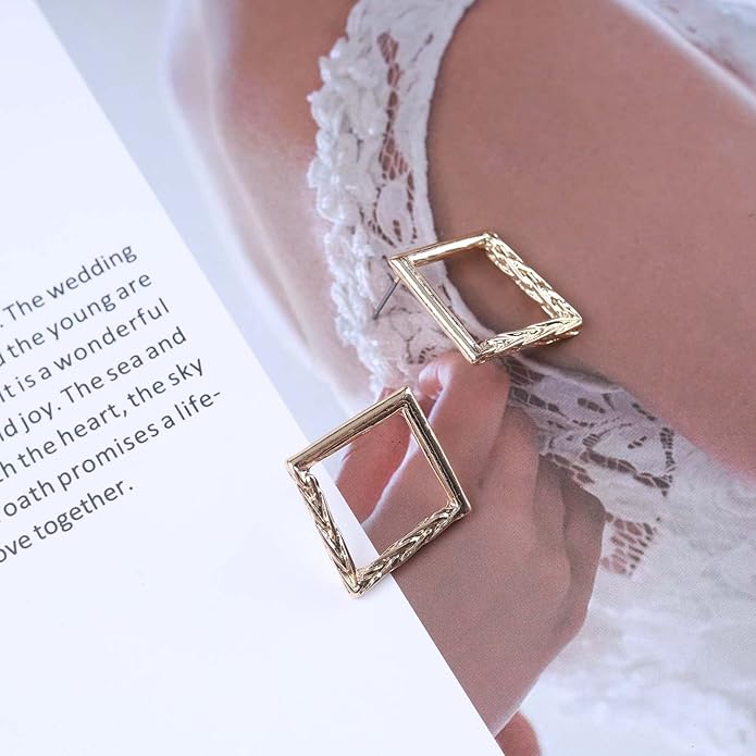 Vintage Hammered Square Drop Earrings Gold Hollow Square Earrings Metal Square Stud Earrings Minimalist Geometric Square Earrings Jewelry for Women-BrightBean Baby