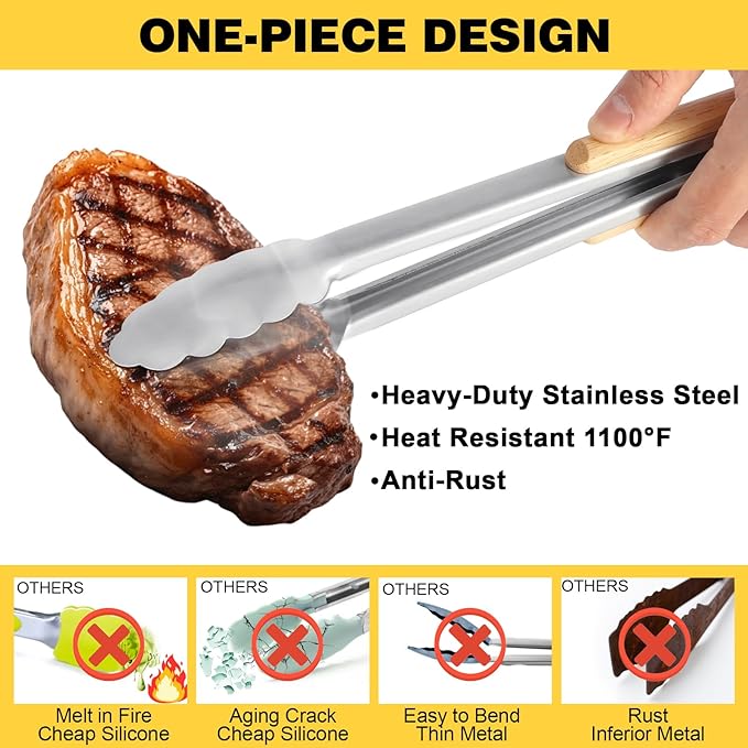 2 Pcs Tongs For Cooking - 9 Inch and 12 Inch, Stainless Steel Kitchen Tongs, Heat Resistant 1100°F, Pull Ring Lock, Solid Wood Handles, For Grilling, Barbecuing, Cooking