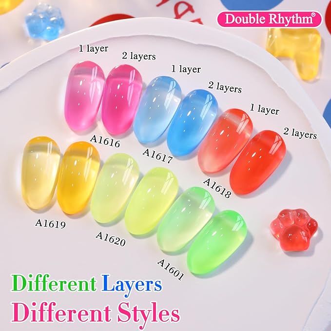 Double Rhythm 6 Pcs 15 ML Gel Polish Set Same Color Same Bottle Soak Off Gel Polish Kit Nail Art Manicure Salon DIY at Home for Women (Jelly Neon Pink Blue Red Green-T6-26)-BrightBean Baby