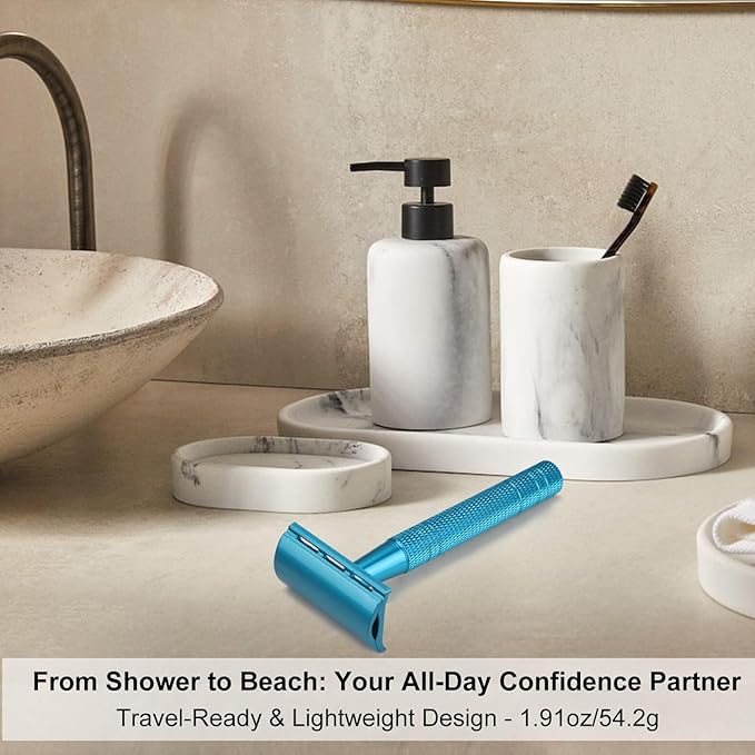 Double Edge Safety Razor, Single Blade Razors for Men and Women, with 10 Stainless Steel Safety Razor Blades, Smooth and Close Wet Shaving, Plastic Free, Blue-BrightBean Baby