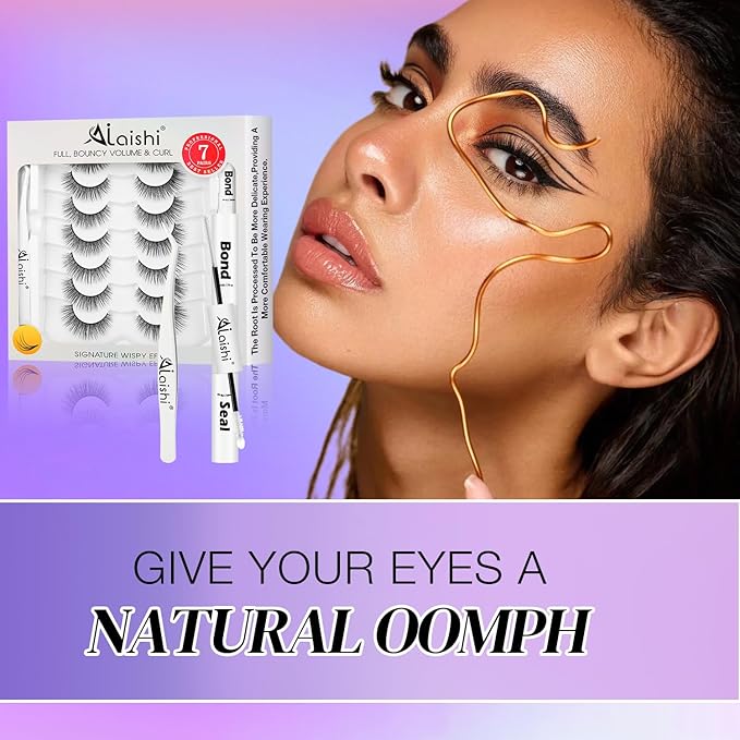 Wispy False Eyelashes Kit With Bond, Seal and Tweezer, 7 Pairs Natural Look Fake Cat Eye Lashes Strips Thin Band Extensions Waterproof Easy Eyelashes for Beginners RQ46-BrightBean Baby