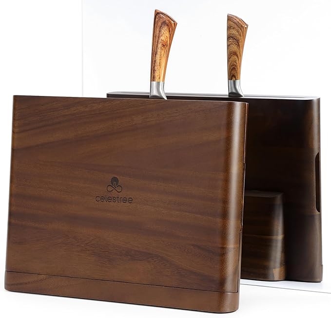 2 - in - 1 Magnetic Knife Block Holder with 16"x11" Cutting Board, Crafted from Premium Natural Rain Wood, Exquisitely Made with Elegant Design, Ideal for Efficient Kitchen Knife Storage