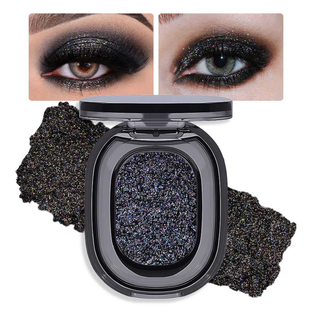 Black Glitter Eyeshadow Palette Makeup for Women, Glitter Shimmer Metallic Holographic Iridescent Single Monochrome Eyeshadow Halloween Birthday Party Wear Makeup, Sombras Crema Para Ojos-BrightBean Baby