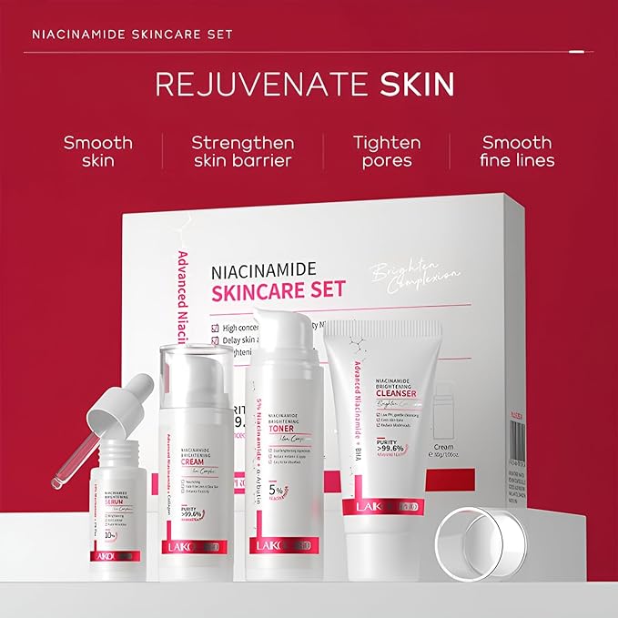 Niacinamide Skincare Set: 4pcs Beauty Kit with Cleanser, Toner, Serum, & Facial Cream - Hydrates & Evens Skin Tone - TSA-Friendly Travel Sizes, Perfect Gift for Women, Moms, & Teens-BrightBean Baby