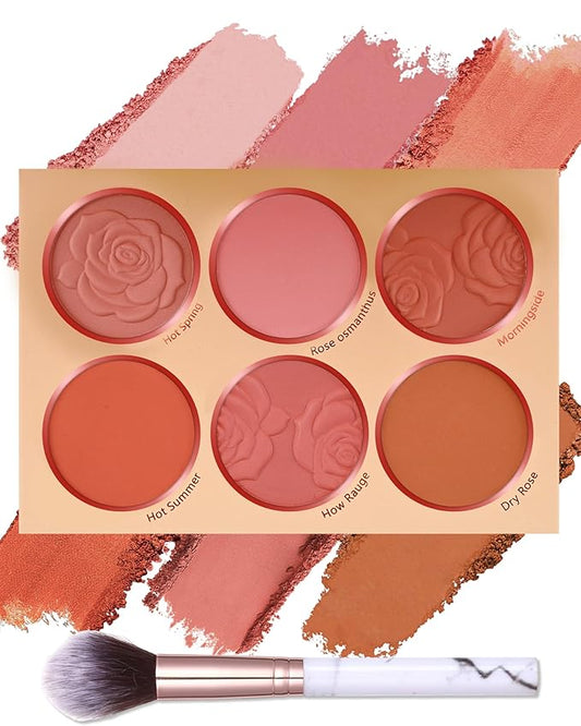 Matte Face Blush Palette with Brush-6 Color High Pigment Silky Mineral Blendable Blusher Contour Powder for Cheeks,Longlasting Facial Beauty Cosmetic,Mother's Day Makeup Gift for Women Girl-Set 02