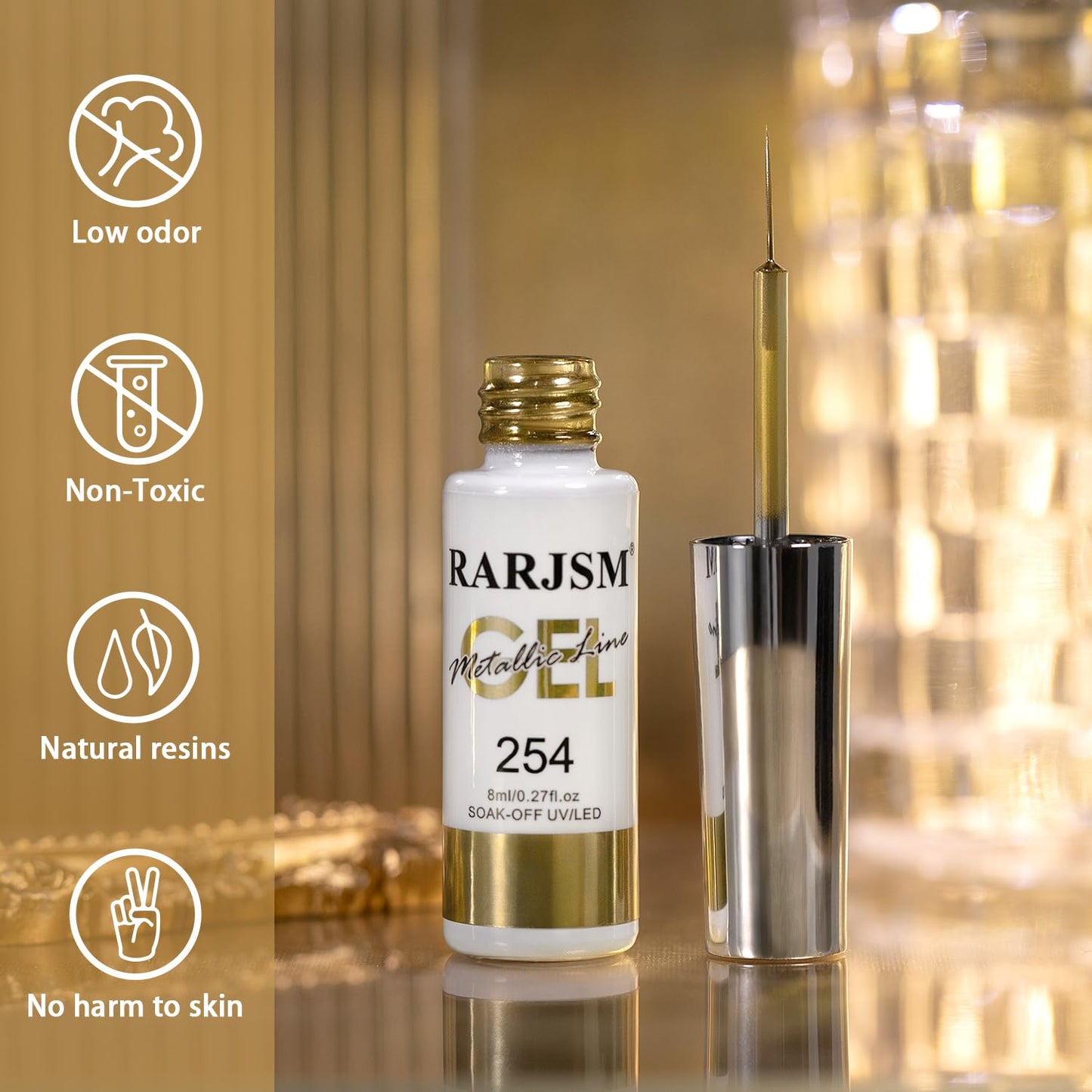 RARJSM Metallic Chrome Gel Liner Nail Art Champagne Gold 3D Mirror Effect Gel Nail Polish 8ml Build in Thin Brush Metal Painted Drawing Striper Painting GelPolish Soak off Curing Requires Home Salon-BrightBean Baby