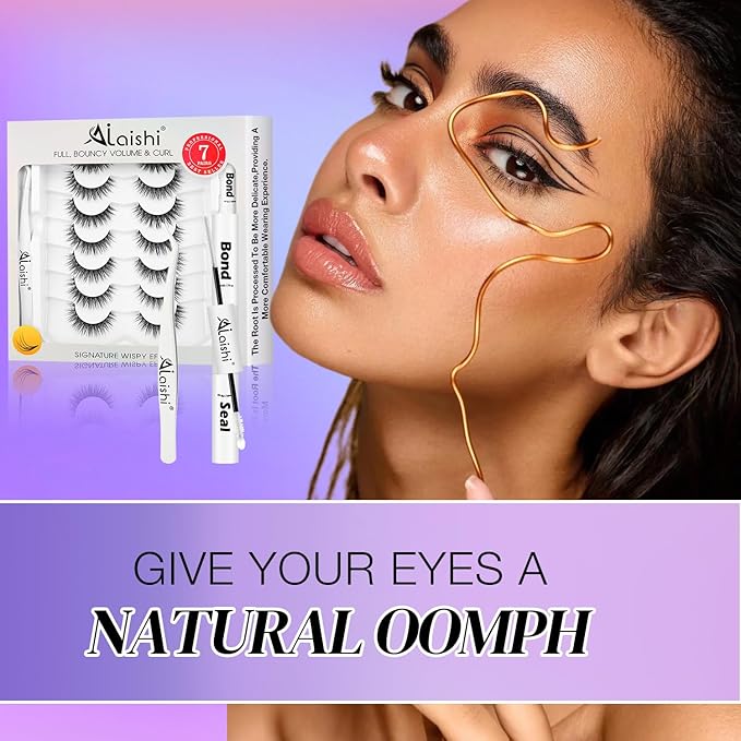 Wispy False Eyelashes Kit With Bond, Seal and Tweezer, 7 Pairs Natural Look Fake Cat Eye Lashes Strips Thin Band Extensions Waterproof Easy Eyelashes for Beginners RQ01-BrightBean Baby
