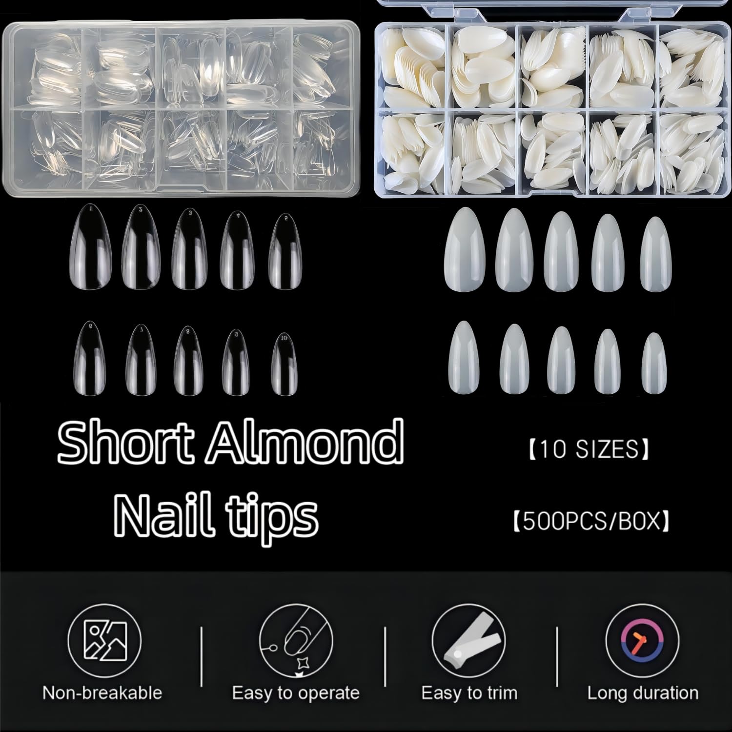 1000PCS Short Almond Nail Tips - Acrylic Nails Tips, ToouYoun 10 Sizes Soft Gel Full Cover Nail Tips with Box for Nail Art Salons and Home DIY-BrightBean Baby