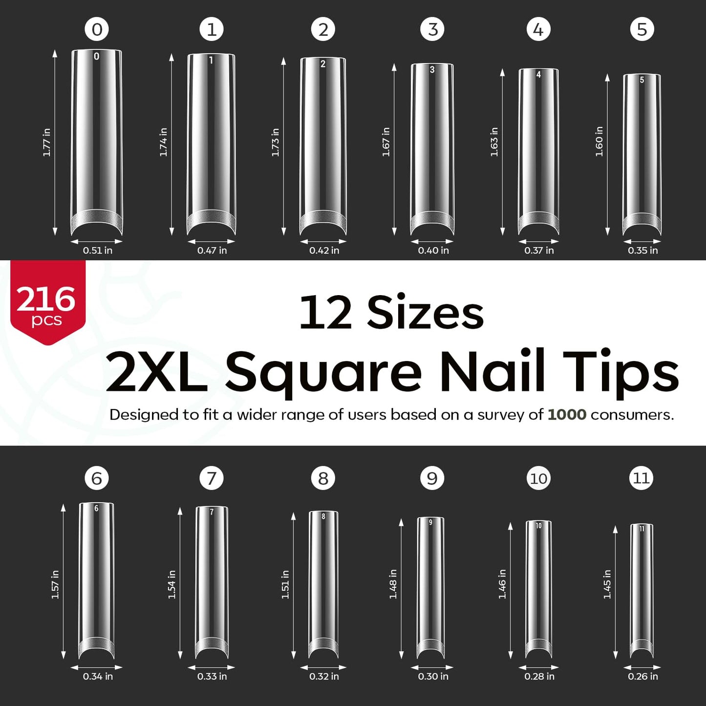 modelones Long Square Nail Tips, 2XXL Straight No C Curve Half Cover Soft Gel Tips Pre-shaped Acrylic Fake Nails False Clear Press on Extension Gel Kit Manicure DIY at Home 216PCS 12Sizes-BrightBean Baby
