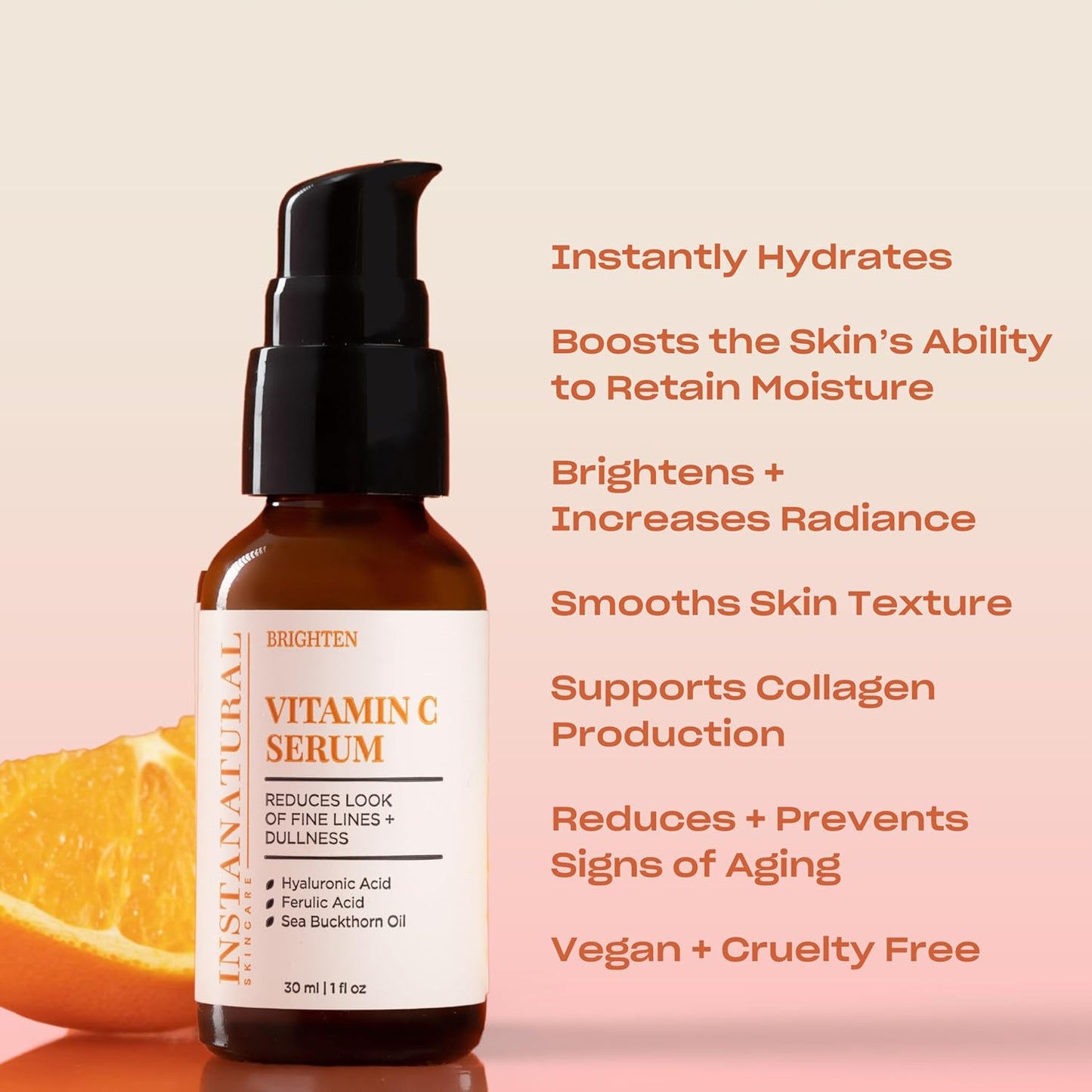 InstaNatural Vitamin C Face Serum, Brightens, Hydrates and Reduces Signs of Aging, with Vitamin C, Hyaluronic and Ferulic Acid, 1 FL Oz-BrightBean Baby