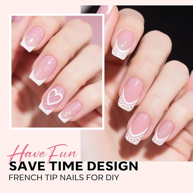 modelones French Tip Press on Nails, Short Square Fake Nails with Nail Box, Pink & White Gel Nail Tips for Women, Soft Glue-On Nails for Natural Salon Look, DIY Nail Art Kit-BrightBean Baby