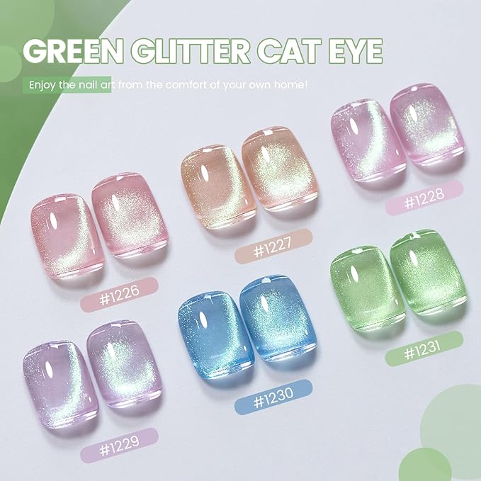 RARJSM Green Cat Eye Gel Nail Polish Set 6pcs Reflective Sparkly Diamond Glitter Nude Pink Blue Purple Clear Glass Cateye Gelpolish with Magnet Stick 7.5ml Curing Requires Soak Off for Home Salon-BrightBean Baby