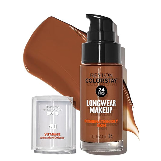 Revlon Liquid Foundation, ColorStay Face Makeup for Combination & Oily Skin, SPF 15, Medium-Full Coverage with Matte Finish, Cappuccino (410), 1.0 oz-BrightBean Baby