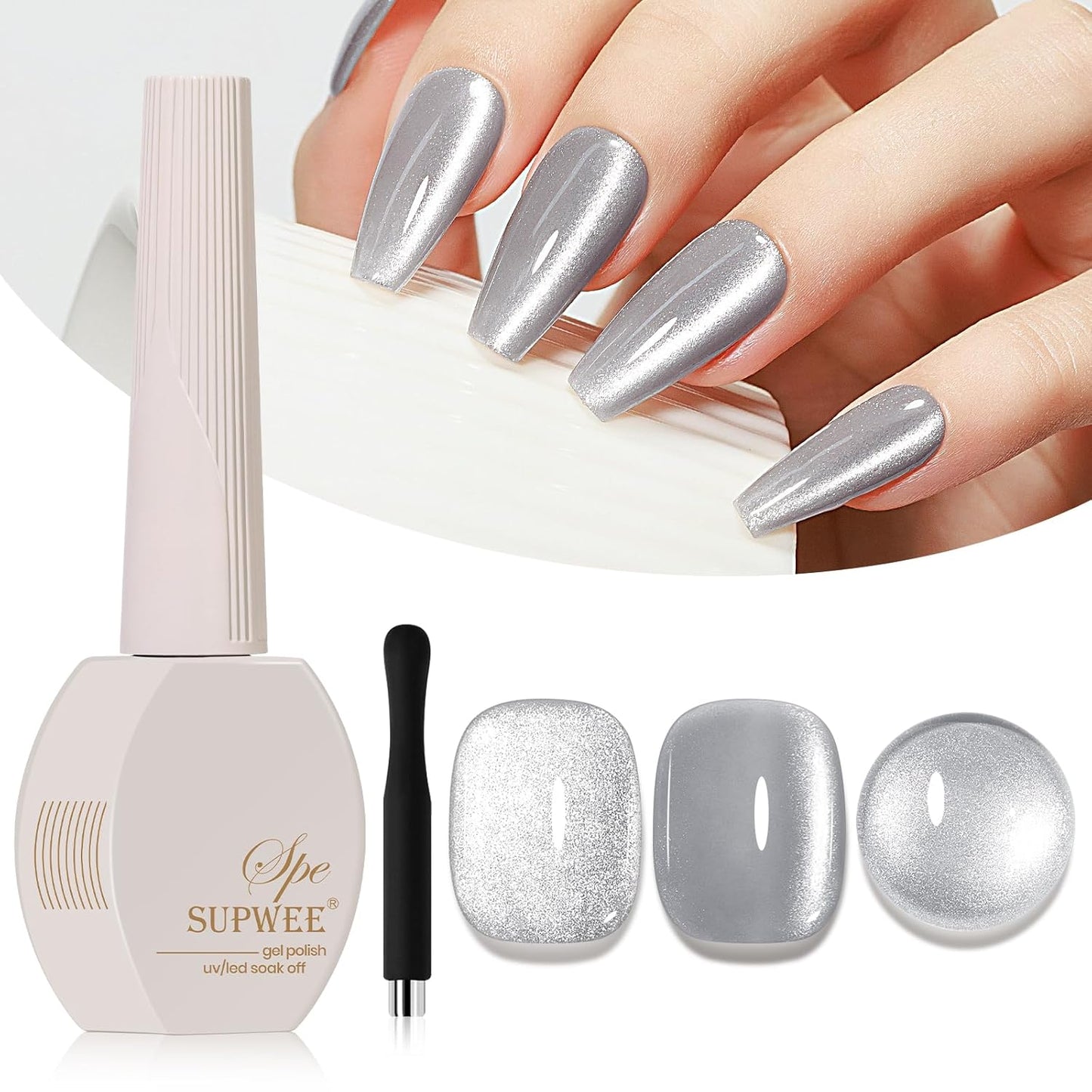 Silver Cat Eye Gel Polish, Magnetic Holographic Gel Nail Polish Glitter Shimmer Gel Polish with Magnet Soak Off U V Gel Salon DIY at Home, 0.5 OZ-BrightBean Baby