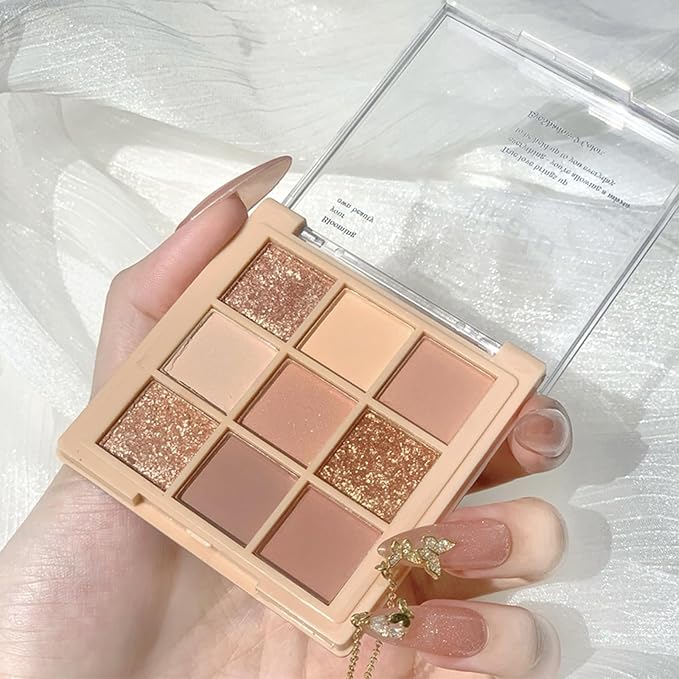 Erinde 9 Colors Eyeshadow Palette, Matte Shimmer Glitter Eye Shadow Makeup Palette, Highly Pigmented Long Lasting Waterproof, Natural Neutral Nude Eyeshadow Makeup Pallet, Oat Milk Tea-BrightBean Baby